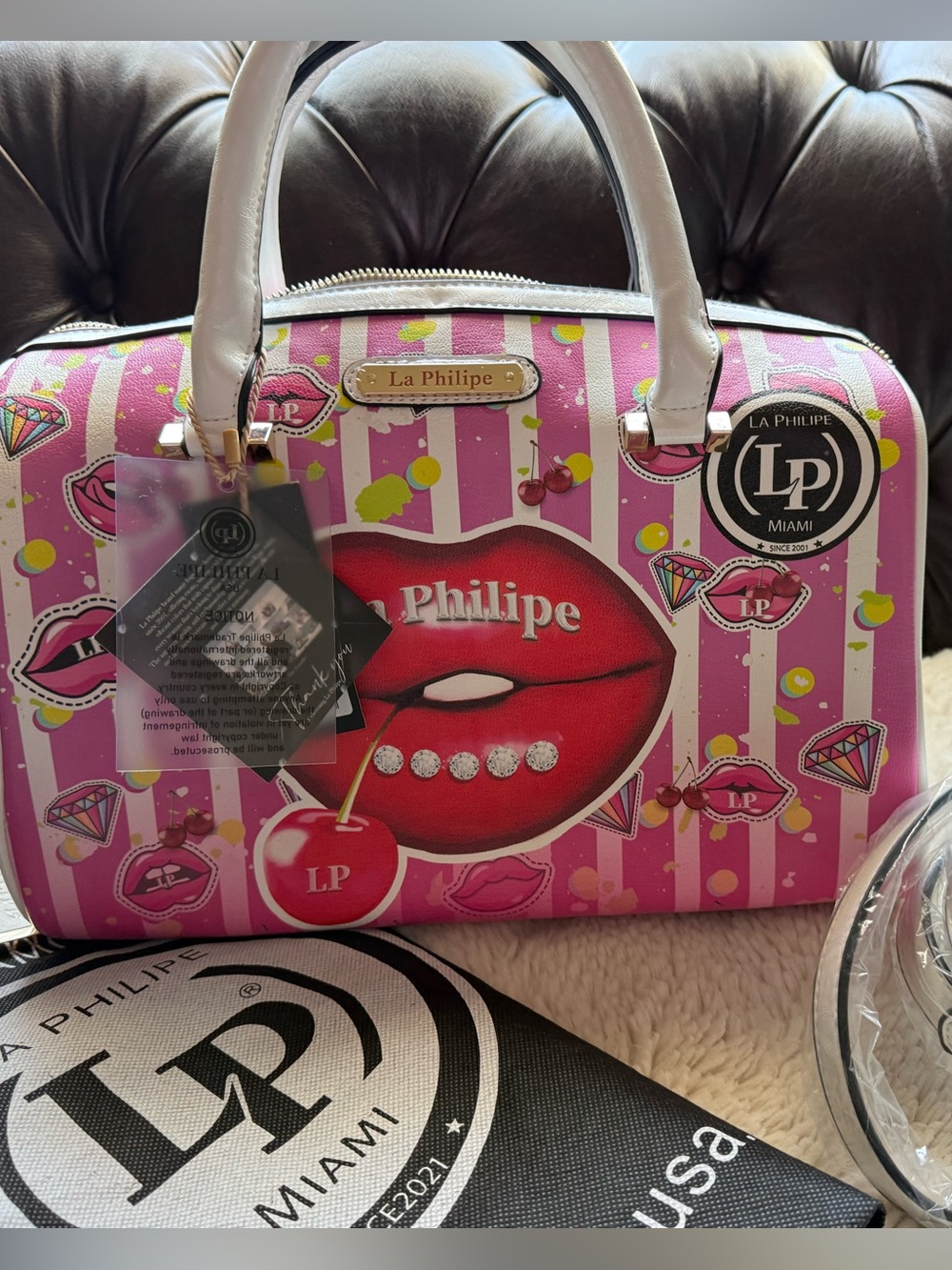 La Philipe Miami NWT Unique Artist Lips Pink Graphic Large Satchel